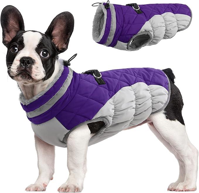 FUAMEY Dog Coat for Medium Dogs,Waterproof Dog Winter Jacket with Harness Built in Puppy Cold Weather Coats Reflective Pet Vest with Zipper Warm Fleece Dogs Snowsuit Windproof Purple XXL