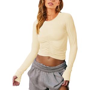 Vivitulip Womens Long Sleeve Shirts Basic Fall Ruched Slim Fitted Crop Tops Tight Athletic Blouse with Thumb Holes (Yellow, M)