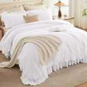 Andency White Comforter Set Queen Size, Lightweight Fluffy Farmhouse White Ruffle Bedding Set, Soft Polyester All Season Shabby Chic Bed Comforter Set 3 Pieces(1 Ruffle Comforter 2 Pillowcases)
