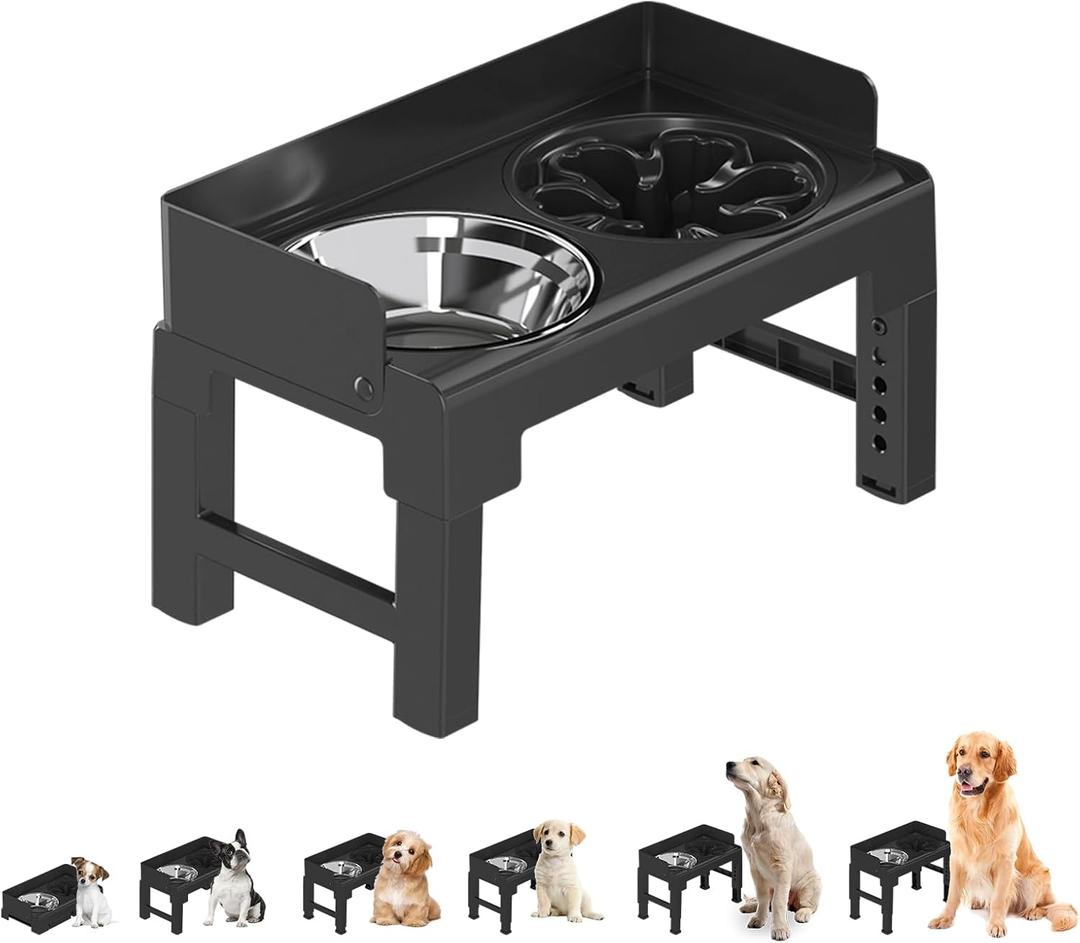PAKEWAY Elevated Dog Bowls, Spill Proof, Tiltable Pet Feeder with 1 Slow Feeder Bowl &1 Stainless Steel Bowl, 6 Height Adjustable Raised Dog Bowls Stand for Medium Large Dogs (Black)