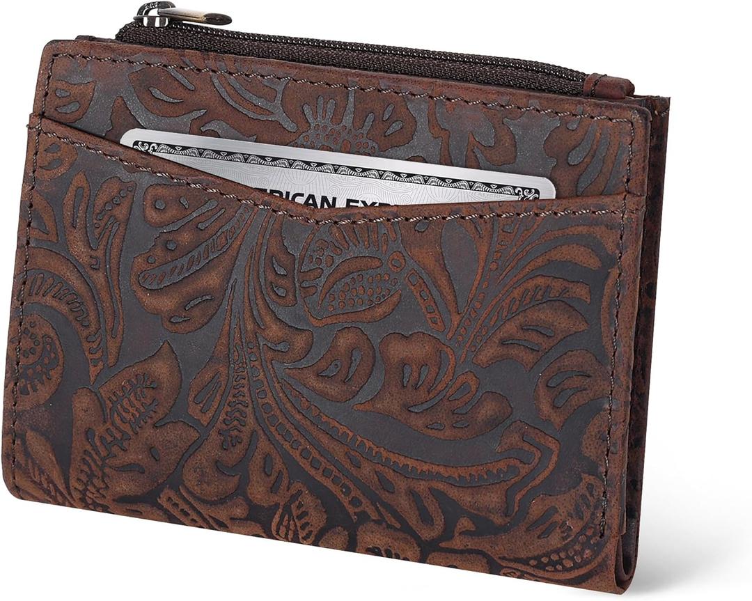 Oak Leathers Leather Wallet For Women - Small RFID Coin Purse Credit Card & ID Holder for Ladies, Gift for Women's, Bifold Wallets (Crazy Horse Brown Flower)