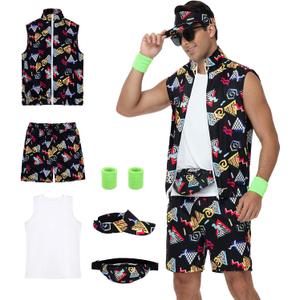 80s Outfit for Men, Neon Retro Workout Costume Set with Accessories (Size: Small, Black)