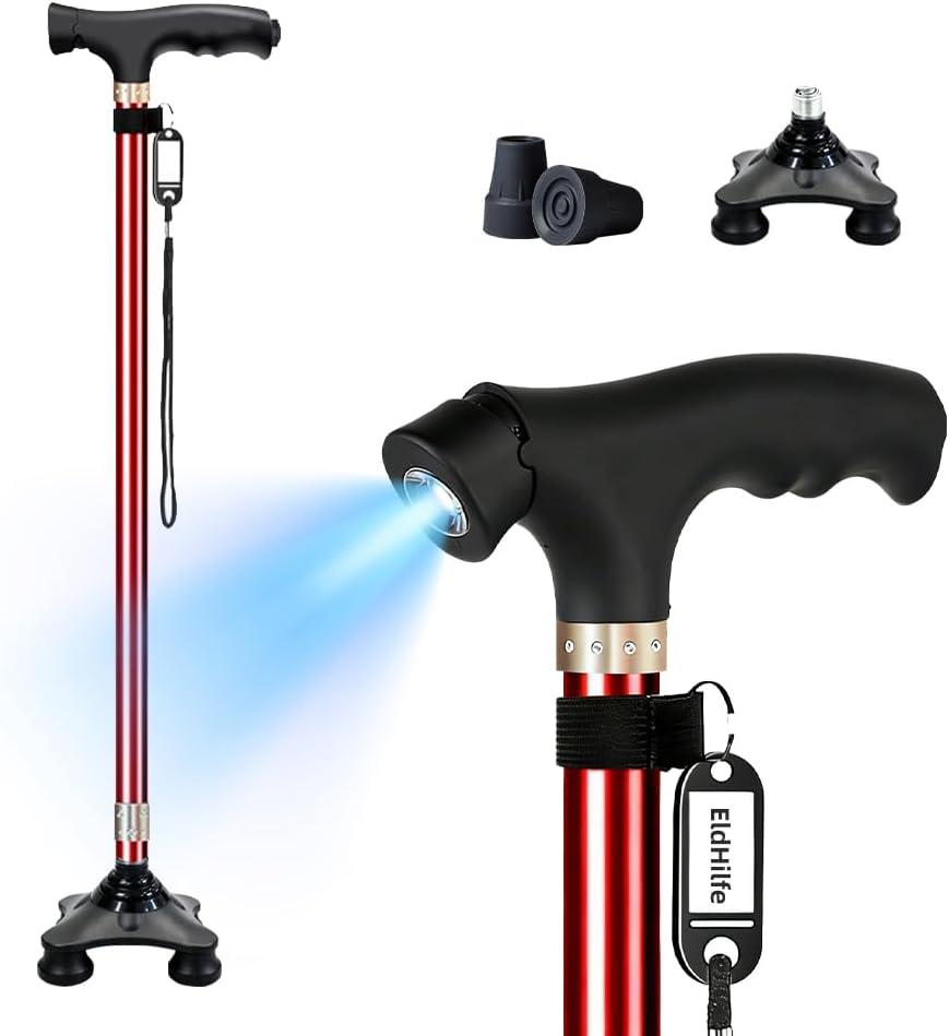 Telescopic Walking Cane with LED Light,2-in-1 Single/Quad Base Senior Mobility Aid,Adjustable Height Non-Slip TPR Pad Aluminum Walking Stick,Wine Red