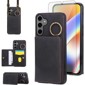 Compatible with Samsung Galaxy S26 Plus S26+ 5G Wallet Case and Screen Protector Crossbody Shoulder Strap Ring Buckle Stand Card Holder Magnetic Car Mount Phone Cover for S26Plus 26S + S 26 26+ Black