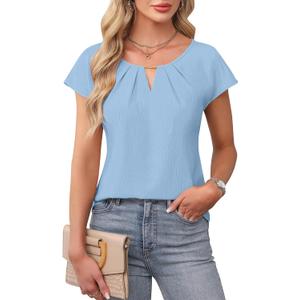 Blooming Jelly Womens Dressy Business Casual Tops Work Trendy Short Sleeve Shirts Summer Cute Pleated Blouses (Small, Baby Blue)