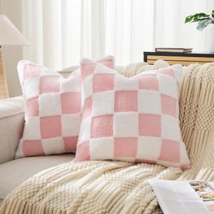 Checkered Jacquard Shag Throw Pillow Covers, Pack of 2 Fluffy Pink Cute Decorative Girly Women Aesthetic Soft Checkered Throw Pillow Cases for Couch Sofa Bedroom,18x18 Inch