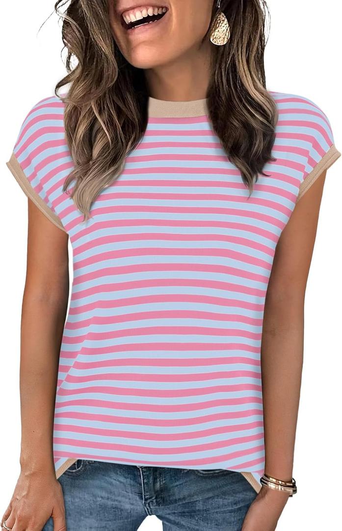 Cap Sleeve Tops for Women Summer Striped Short Sleeve Sweater Top Crew Neck Sleeveless Vest Spring Going Out Shirts (Medium, Pink)