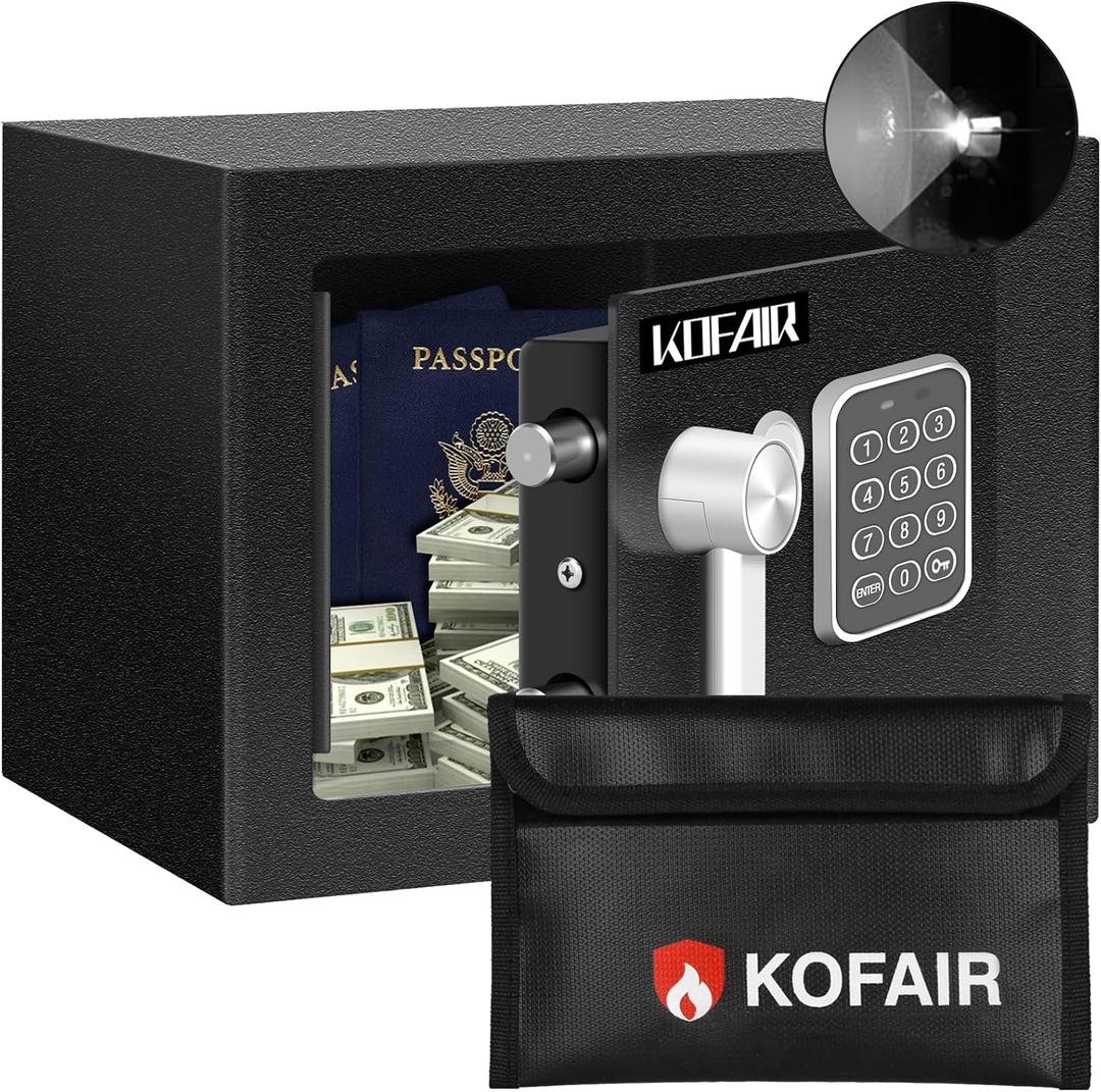 KOFAIR Safe Box for Home Safe (0.23 Cubic Feet) with Fireproof Bag, Personal Money Safe for Cash Saving, Mini Safe Box with Key, Digital Safety Box with Light, Money Lock Box