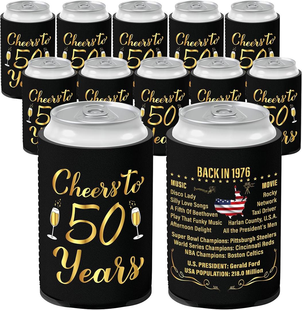 50th Birthday Decorations for Women and Men, Vintage 1976 Birthday Decor, Fifty Year Old Bday Party Supplies, 12 Pcs Neoprene Can Cooler Sleeves for Soda, Beer, Beverage