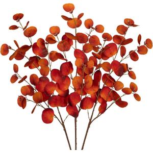 Fall Leaves Stems Artificial Eucalyptus Fall Stems Fake Eucalyptus Decor Silk Faux Fall Stems 3Pcs Eucalyptus Plant Branches for Vase Home Centerpiece Wedding Autumn Decoration(Dark Orange)