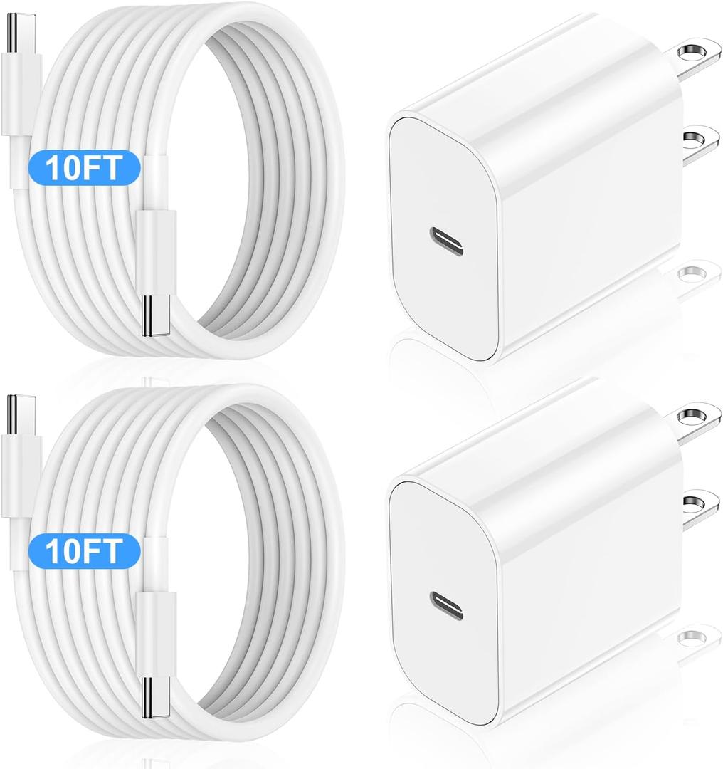 iPhone 15 Charger 10 Ft with 20w USB C Charger Block,2-Pack 20W Fast Wall Charger for 15/15 Pro/Pro Max/iPad Pro AirPods/Samsung and More, with 2 Pack 10ft USB-C Cable, White