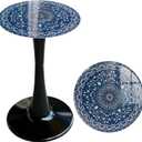 13.4" Outdoor Side Table, Round Patio Bistro Table Printed Tempered Glass Top, Waterproof Rust-Proof Base, Small Plant Stand for Balcony, Garden, Deck, 21.6" H (Blue Maze)