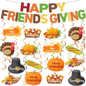 Eaasty 50 Pcs Friendsgiving Party Decoration Set Include 2 Happy Friendsgiving Banner, 16 Turkey Pumpkin Hanging Cutout, 32 Hanging Swirl Accessories for Thanksgiving Mantel Fireplace Wall Party Decor