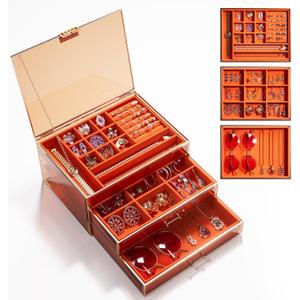 CoralHouse Jewelry Box,3-Tier Large Glass Jewelry Organizer with Velvet Lining and Copper Handles - Ideal for Rings, Earrings, Necklaces, Bracelets, and Watches.