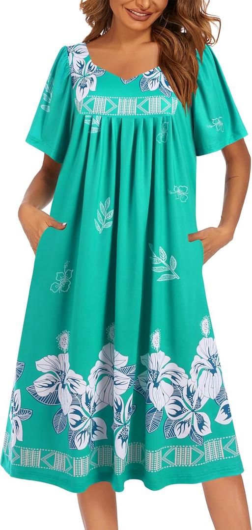 Ekouaer Women's House Dress - Pleated Nightgown with Short Sleeves & Pockets (Large, Green Flower)