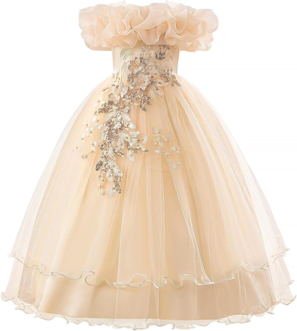 Flower Girl Dresses Lace Embroidery Off The Shoulder Tulle Dress Communion Pageant Wedding Dance Gown (XXL)