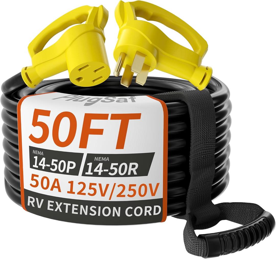 PlugSaf NEMA 14-50P/14-50R 50 FT 50 Amp RV/EV Extension Cord Outdoor with Grip Handle, 4 Prong Flexible Heavy Duty STW RV Power Cord Waterproof, 50A 125/250V 6250/12500W, Black-Yellow, ETL Listed