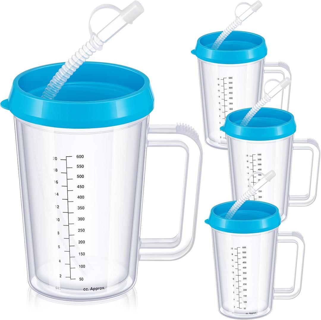 4 Pcs 20 oz Hospital Water Cup with Straw and Lid Insulated Double Walled Water Bottle Hospital Carafe Mug with Handle Graduated Plastic Elderly Drinking Cup with Straw(Blue)