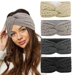2 x CAVETEE Winter Headbands for Women2 Pack Thickened Coral Fleece Lined Crochet Knit Non-Slip Windproof Knit Headbands for Women (Black&Dark Blue)