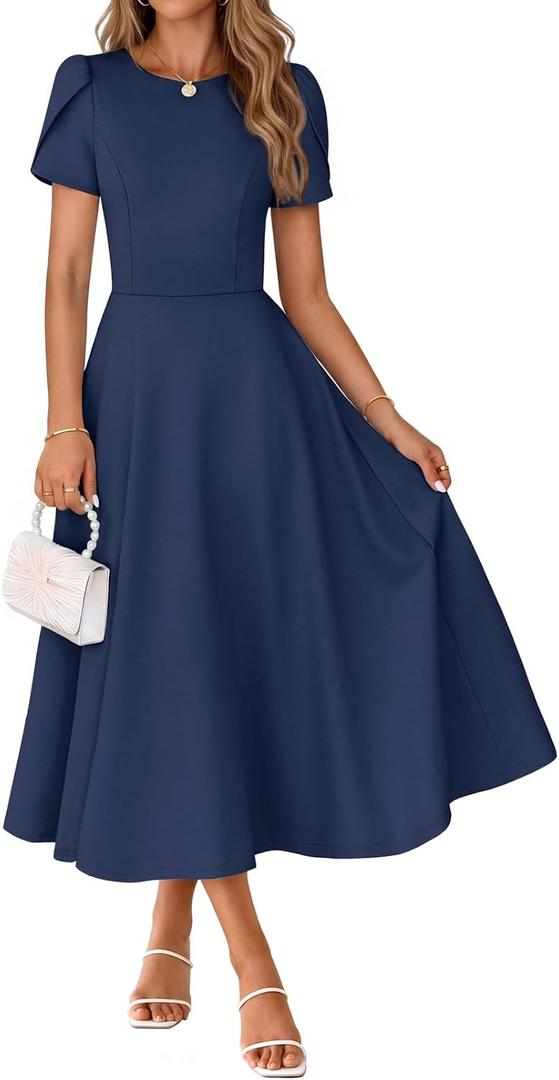 MEROKEETY Women's 2026 Summer Midi Dresses Short Sleeve Crewneck A Line Pleated Wedding Guest Flowy Long Dress with Pockets, Navy, Large