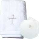 Baptism Towel with Baptism Shell Set - Baptism Towel for Boys and Girls, White Christening Cloth with Embroidery Cross, 100% Cotton Baptismal Cloth Baptismal Gifts for Infants Toddlers Kids (SILVER)