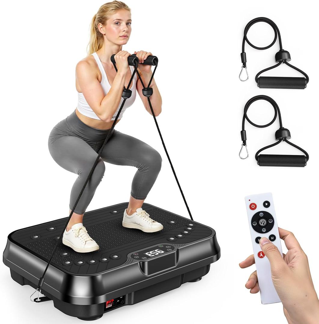 Bigzzia Vibration Plate Exercise Machine for Weight Loss  100-Speed Platform with Remote & Resistance Bands, 450 lbs Capacity  Quiet Full Body Workout for Lymphatic Drainage at Home (Black)