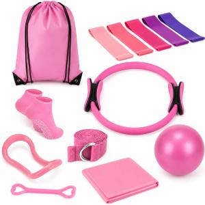 Pilates Kit for Women, 13 Piece Home Workout Starter Set with 14 Inch Ring, Mini Ball, 5 Resistance Bands, Yoga Socks, Stretch Strap and Carry Bag for Core Strength, Toning, Flexibility