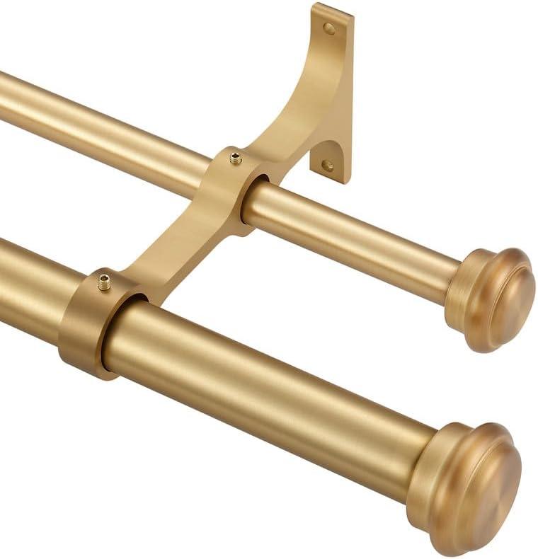 Warm Gold Double Curtain Rods for Windows 72-144", Double Drapery Rods with End Cap Finials, Adjustable 1-Inch Front and 5/8 Inch Back Double Rod Curtain Rods, Telescoping Double Window Rods Warm Gold