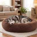 SAVFOX 36 inches Calming Donut Dog Bed - 3X Durable Plush Faux Fur, Machine Washable & Non-Slip, Fits up to 100 lbs, Brown