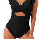 B2prity Women's One Piece Swimsuit Ruffle Cutout Bathing Suits Slimming Tummy Control V Neck Wrap Swimwear. 8W, Black