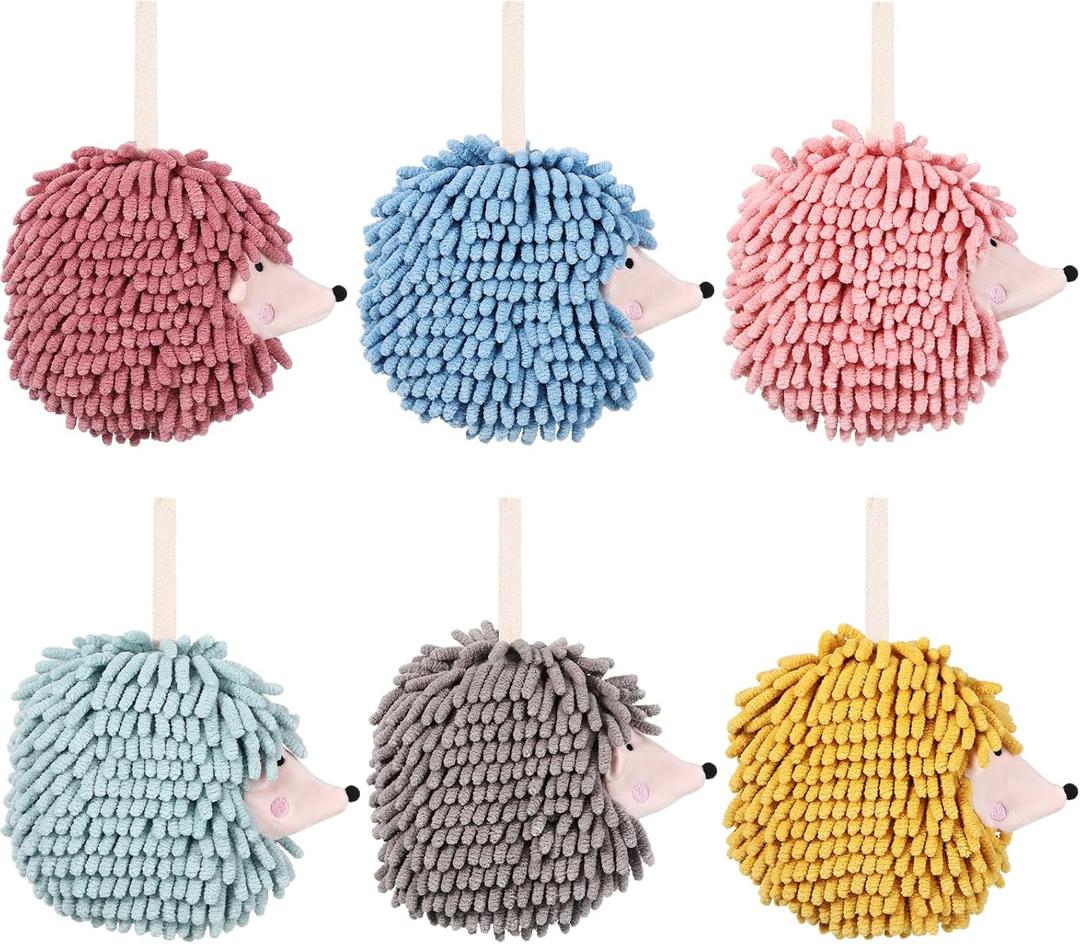 6 Pack Fuzzy Ball Hand Towels Puffball Towels Hedgehog Hanging Chenille Hand Towels Cute Hand Towels for Bathroom Toilet Kichten (Red,pink,grey,green,blue,orange)
