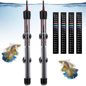 Dreyoo 2 Set 300W Submersible Aquarium Heater, Adjustable Aquarium Fish Tank Heater with 4 Thermometers Stickers and Suckers, Adjustable Knob Thermostat for Marine Saltwater and Freshwater