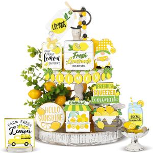 Kajaia Farmhouse Tiered Tray Decor Set Home Wooden Signs Rustic Sweet Home Tabletop Wooden Block Sign for Table Decor (Lemon)