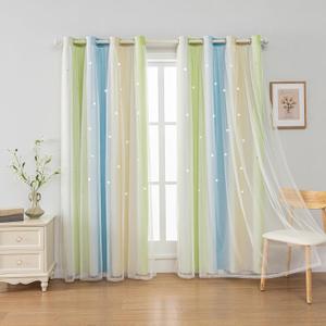 FANLI Ombre Rainbow Blackout Curtains for Kid Girls Bedroom Living Room Darking Stripe Double Layer Star Cut Out Wall Home Decor Gradient Grommet Window Curtains Blue Green 52Wx84L