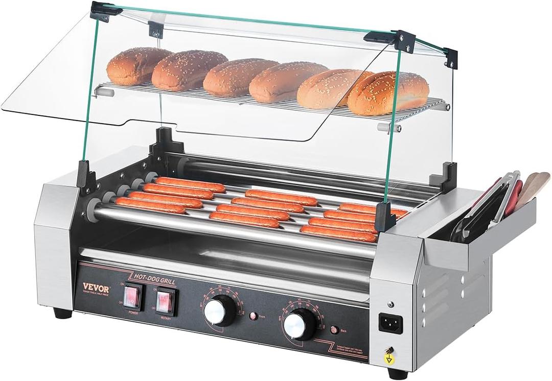 VEVOR Hot Dog Roller, 12 Hot Dog 5 Rollers, Stainless Steel Sausage Grill Cooker, 750W Commercial Hot Dog Machine with Dual Temp Control, Cover, Side Storage Box, Removable Shelf & Oil Drip Tray