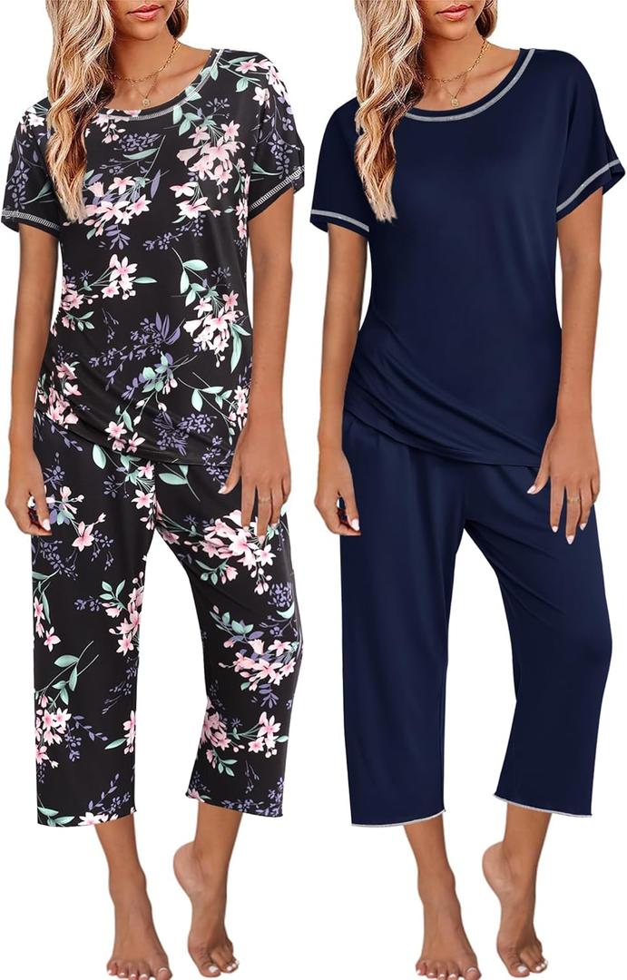 Ekouaer 2 Pack: Womens Pajamas Short Sleeve Sleepwear Tops and Capri Pants Pjs Print Pajama Sets (Medium, Black Flowers, Navy Blue)