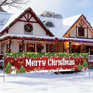 Merry Christmas Banner Large Christmas Yard Banner with Tree Snowmen for Winter Holiday Party Outdoor Inside Yard Fence Decoration Red Xmas Backdrop Photo Background