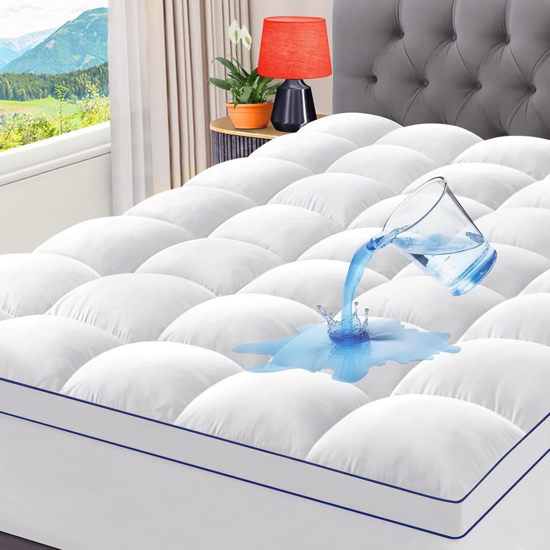 CYMULA Full Size Mattress Topper, Cooling Mattress Pad Cover Waterproof, Extra Thick Pillow Top Mattress Topper with 8-21 Inch Elasticated Pockets, Firm Plush Down Alternative Fill Mattress Protector (Waterproof White With Blue Lines)