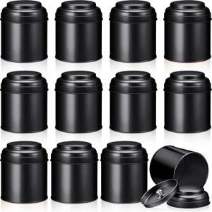 Meanplan 12 Pcs Tea Tin Canister with Airtight Double Lids Round Tin Can Box Small Kitchen Tea Canister Loose Leaf Storage Containers for Loose Bags Coffee Sugar Candy Spices(Black,8 oz)