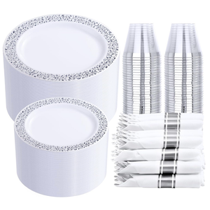 DaYammi 210PCS Silver Plastic Dinnerware Set for 30 Guests, Fancy Disposable Plates for Party, Include: 30 Dinner Plates, 30 Dessert Plates, 30 Pre Rolled Napkins with Silver Silverware, 30 Cups