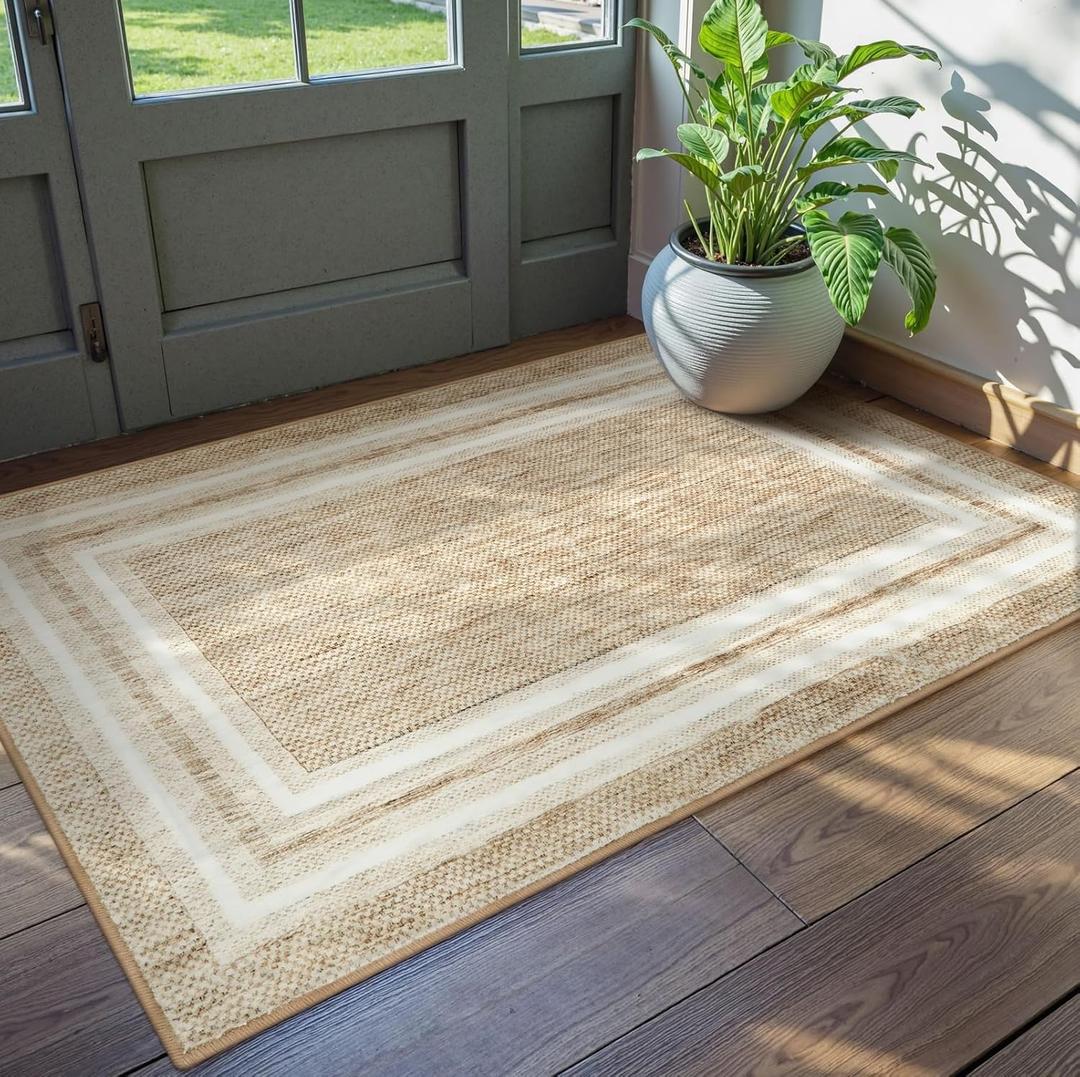 OJIA Modern Bordered Washable Rug 3'x5', Printed Non Slip Rug for Living Room Soft Bedroom Entry Mat Non-Shedding Accent Carpet Indoor Door Mat Small Carpet for Entryway Kitchen Bathroom Office (Beige)