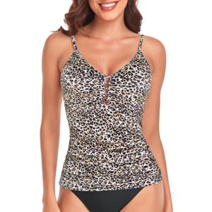 RELLECIGA Women's V Neck Tankini Top Ruched Tummy Control Swimsuits Top (X-Large, Leopard)