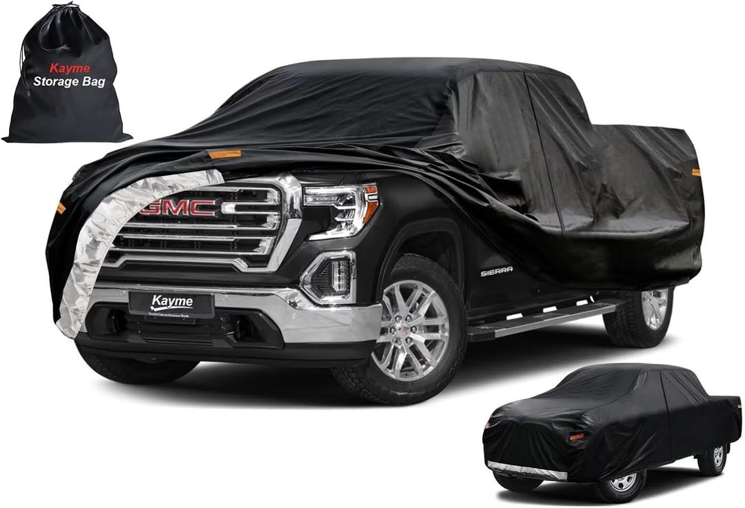 Kayme Truck Cover Custom Fit GMC Sierra(2002-2025) Double/Extended/Crew Cab SB. Full Exterior Heavy Duty Outdoor Pickup Truck Car Cover Waterproof All Weather.Car Tarp for Wind Sun Dust Protection. (PE-Black)