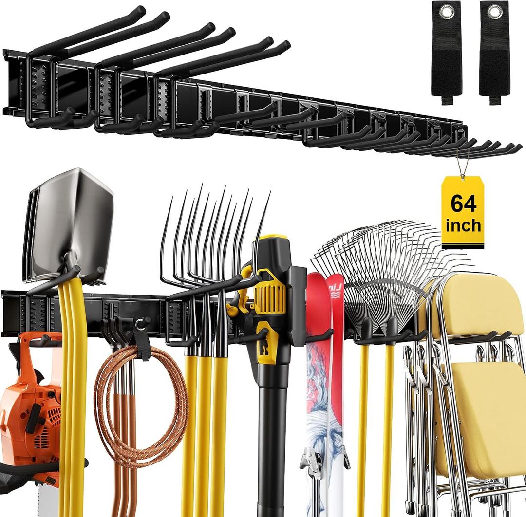 64" Garage Wall Organizer 12 Longer & Thicker Hooks + 2 Straps, 900 Lbs Heavy Duty Steel Garden Tool Storage Rack & Garage Organization for Yard, Shed, Garage