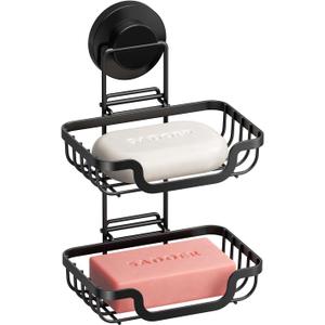 TAILI Double Layer Soap Holder, Bar Soap Dish Suction Cup for Shower Wall, Draining Saver Tray for Bathroom, Rustproof Stainless Steel Sponge Holder for Tub, Kitchen, Drill-Free, Black (5.7" * 10.1")