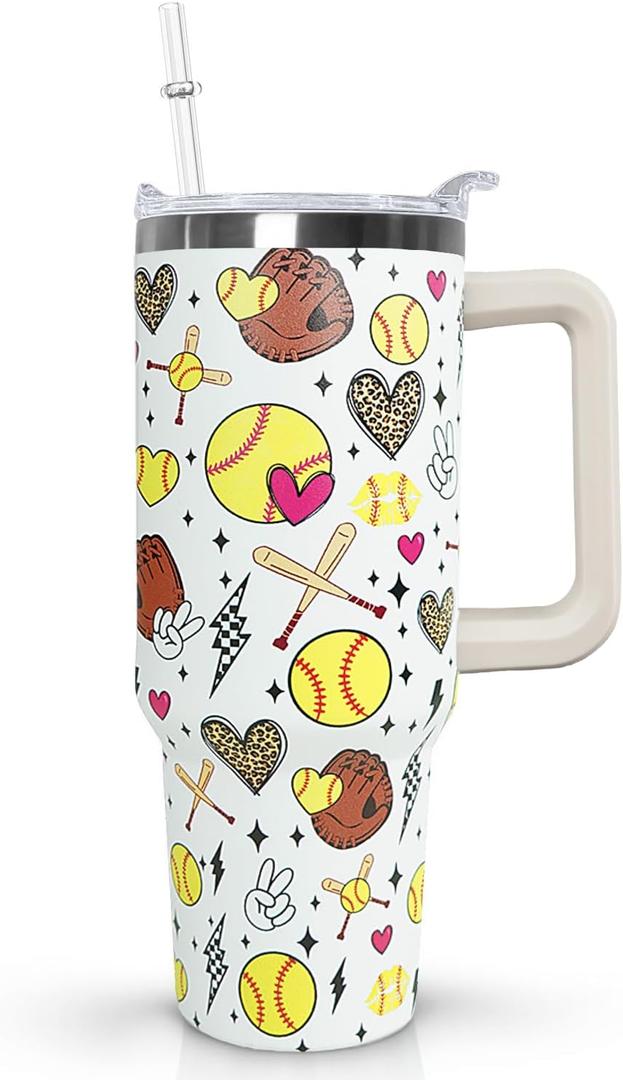 Ceovfoi 40 Oz Softball Tumbler With Handle, Softball Coffee Travel Mug Cup Water Bottle, Softball Decor, Softball Gifts for Women