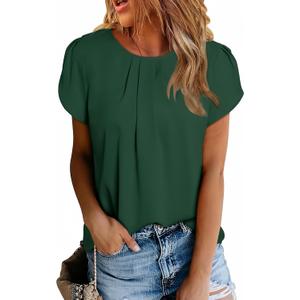 Dokotoo Women's Casual Round Neck Basic Pleated Tops Short Sleeve Loose Fit Curved Keyhole Back Chiffon Blouses T-shirts, S