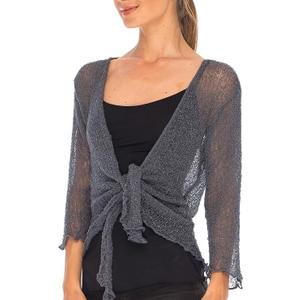 SHU-SHI womens Casual Stretchy Boho Loungewear Cover Up Tie Top Cardigan Sheer ShrugShrug Sweater, One Size, Gunmetal