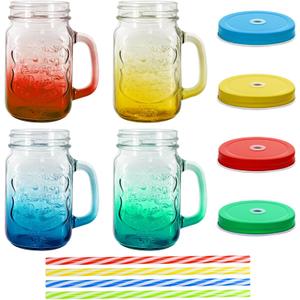 16 oz Glass Mason Jars with Handles Set Of 4 Colored gradient Embossed and Metal Lids and Hard Plastic Straws Drinking Glasses Cups Mug Set for Iced Coffee, Tea
