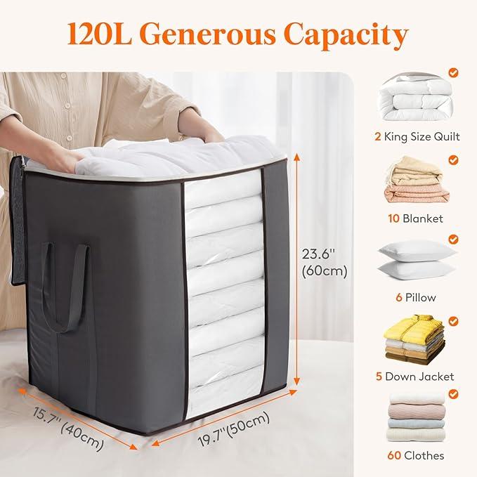 Lifewit Extra Large Blanket Comforter Storage Bags with Reinforced Handles for Bedding, Sheet, Foldable Clothes Storage Containers for King Size Quit, 120L Linen Moving Bag 1 Pack